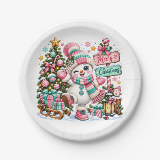 Niedlicher rosa Weihnachts-Schneemann Pappteller
