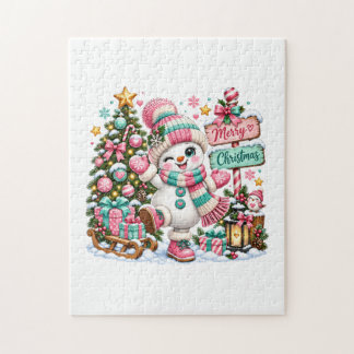 Niedlicher rosa Weihnachts-Schneemann Puzzle