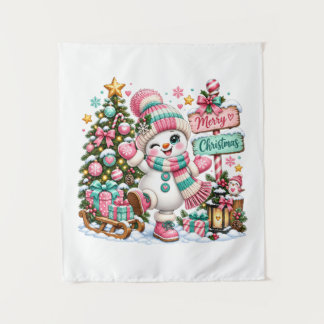 Niedlicher rosa Weihnachts-Schneemann Wandteppich