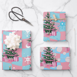 Niedlicher Rosa Weihnachtsbaum Geschenkpapier Set