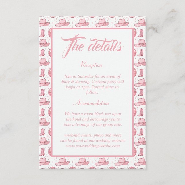 Niedlicher rosa Western Hochzeitsdetails Begleitkarte (Vorderseite)