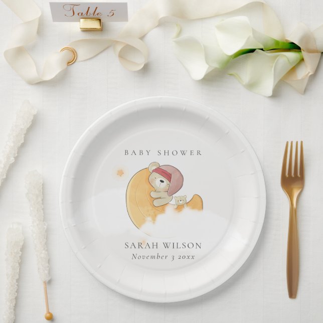 Niedlicher, rosafarbener Bär über Mond Girl Babydu Pappteller (Hochzeit)