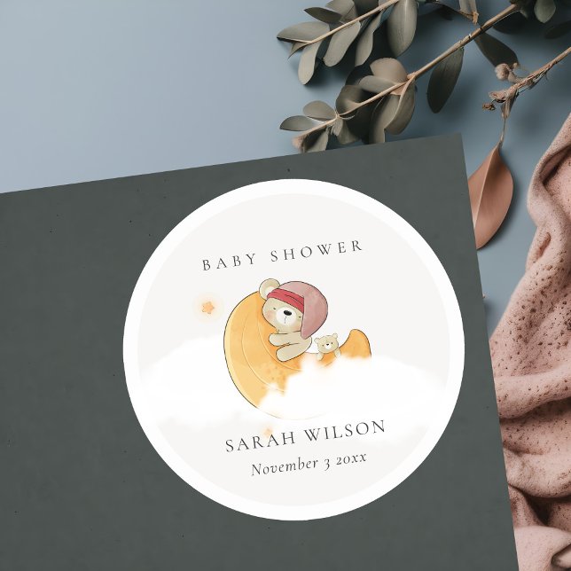 Niedlicher, rosafarbener Bär über Mond Girl Babydu Runder Aufkleber (Von Creator hochgeladen)