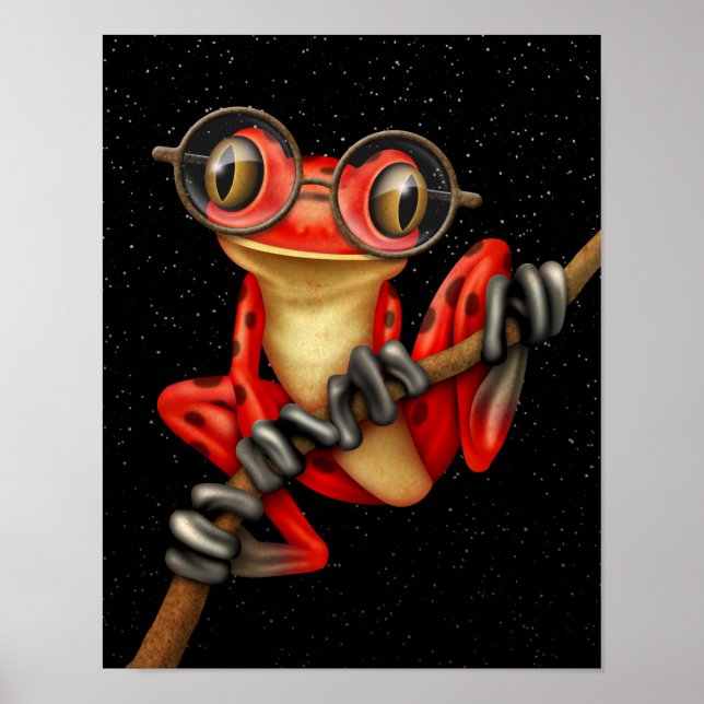 Niedlicher Roter Baumfrosch mit Brille mit Sternen Poster (Vorne)