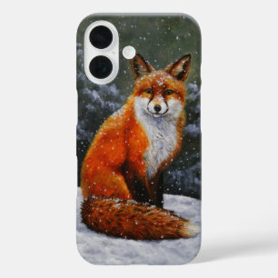 Niedlicher roter Fox in fallendem Schnee iPhone 16 Hülle