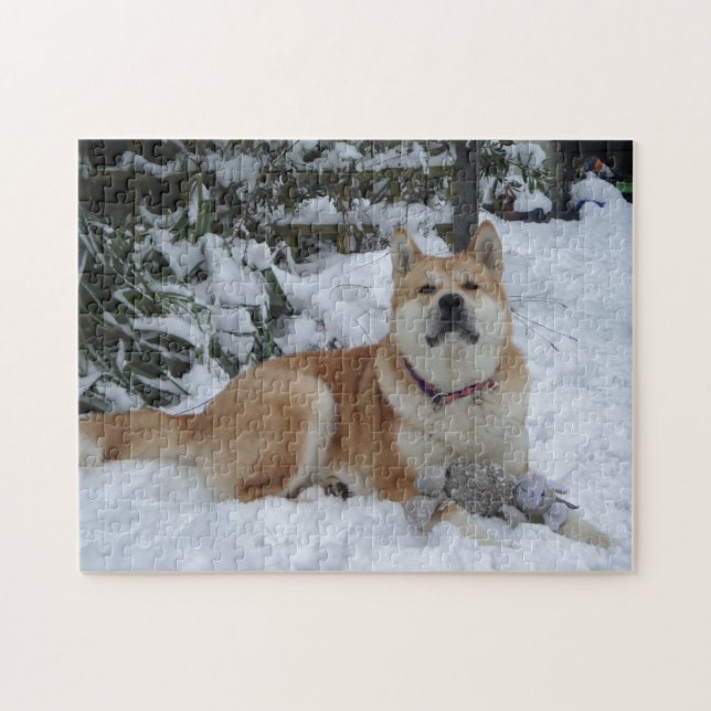 Niedlicher roter Japaner Akita im Schnee mit Puzzle (Horizontal)