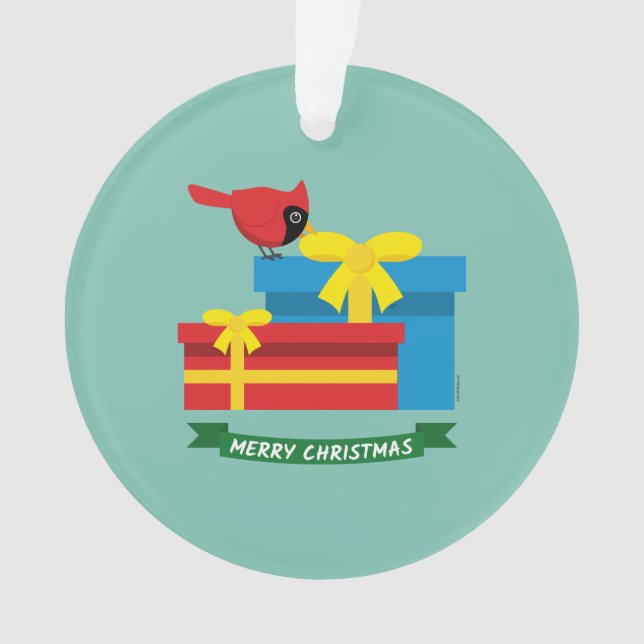 Niedlicher, roter Kardinal eröffnet ein blaues Ges Ornament (Vorderseite)