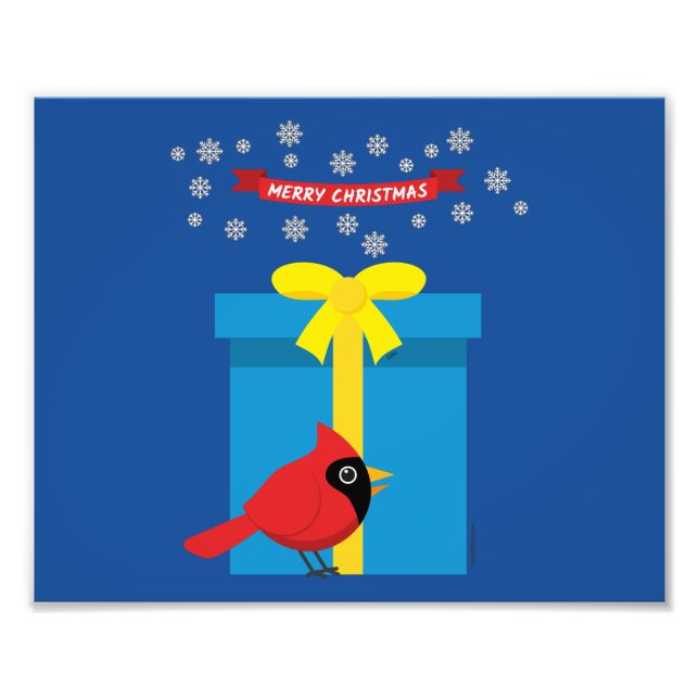 Niedlicher roter Kardinal mit blauem Geschenk Fotodruck (Vorne)