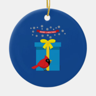 Niedlicher roter Kardinal mit blauem Geschenk Keramik Ornament