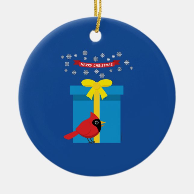Niedlicher roter Kardinal mit blauem Geschenk Keramik Ornament (Vorne)
