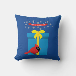 Niedlicher roter Kardinal mit blauem Geschenk Kissen