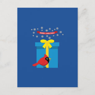 Niedlicher roter Kardinal mit blauem Geschenk Postkarte