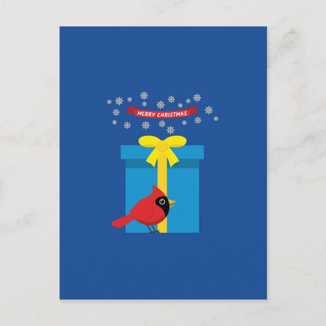 Niedlicher roter Kardinal mit blauem Geschenk Postkarte (Vorderseite)