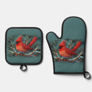 Niedlicher Roter Kardinal mit Winterroten Berries Ofenhandschuh & Topflappen-Set