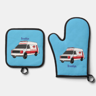 Niedlicher roter Krankenwagen Cartoon Ofenhandschuh & Topflappen-Set