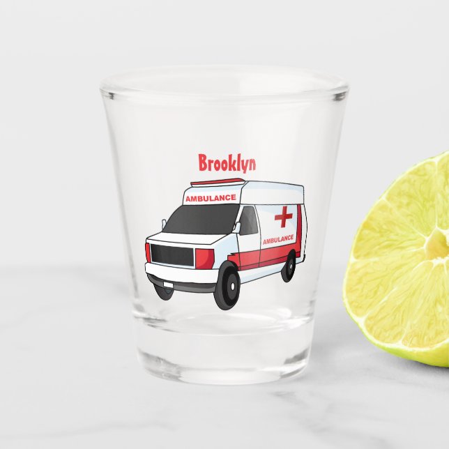 Niedlicher roter Krankenwagen Cartoon Schnapsglas (Vorderseite)