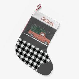Niedlicher roter LKW-Büffel kariert Schwarz-weiß Kleiner Weihnachtsstrumpf