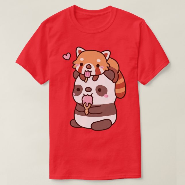 Niedlicher roter Panda und Panda, die Eiscreme für T-Shirt (Design vorne)
