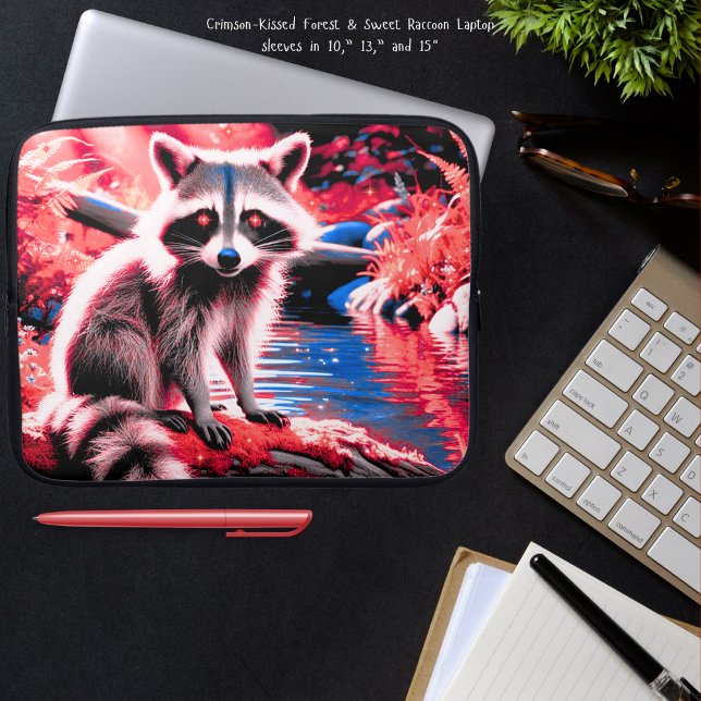 Niedlicher Roter Sparkle-Wald Crimson-Kissed Racco Laptopschutzhülle (Cute, little crimson-kissed raccoon in the red light forest by a stream laptop sleeves)