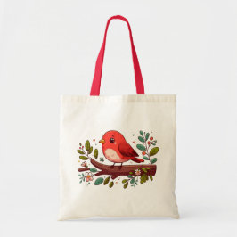 Niedlicher Roter Vogel auf einer Zweigstelle mit B Tragetasche