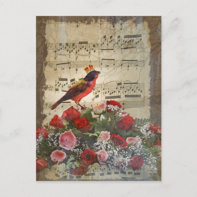 Niedlicher roter Vogel u. Vintages Musikblatt Postkarte (Vorderseite)