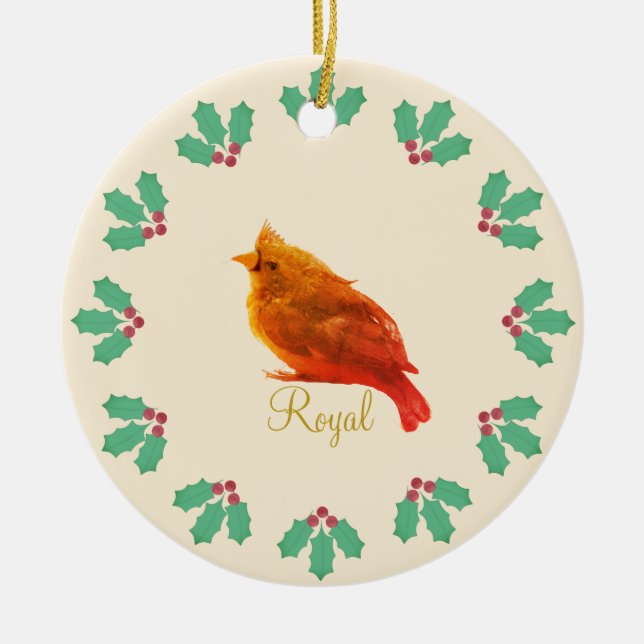 Niedlicher Roter Vogel und Holly Berries Keramik Ornament (Vorne)