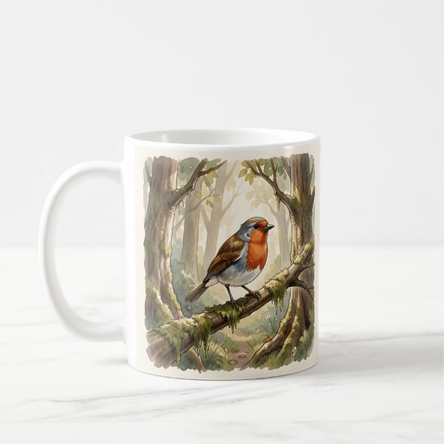 Niedlicher Rotkehlchenvogel im alten Wald Kaffeetasse (Links)