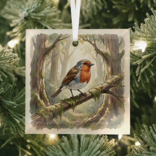 Niedlicher Rotkehlchenvogel im alten Wald Ornament Aus Glas