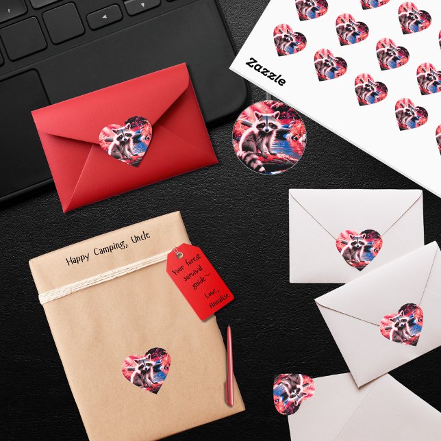 Niedlicher Rotlichtwald - Tierraccoon durch Stream Herz-Aufkleber (Cute, little crimson-kissed baby raccoon in the red light forest by a stream heart-shaped stickers)