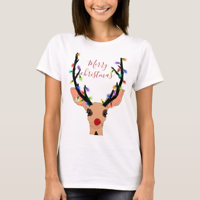 Niedlicher Rotrescher Hirsch glühende Weihnachtsle T-Shirt (Vorderseite)