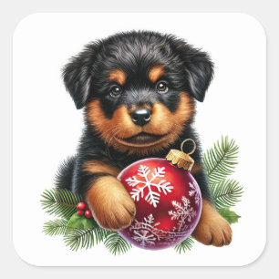 Niedlicher Rottweiler Welpe mit Weihnachtsgeschmac Quadratischer Aufkleber