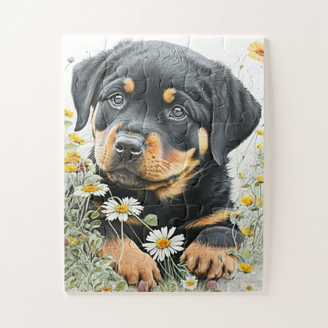Niedlicher Rottweiler Welpenhund Wasserfarben Puzzle (Vertikal)