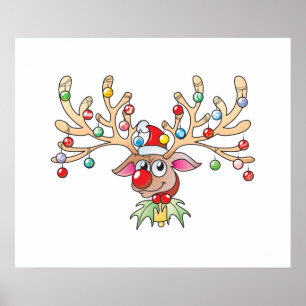 Niedlicher Rudolf Rentier mit Weihnachtslichtkarte Poster