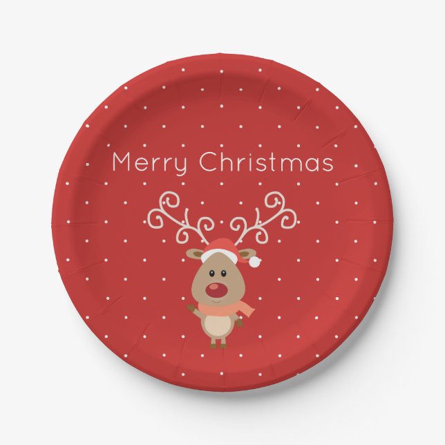 Niedlicher Rudolph der Cartoon der Rentiere mit ro Pappteller (Vorderseite)