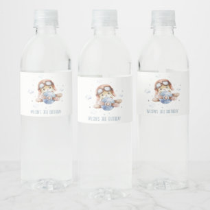 Niedlicher Rust Navy Flugzeug Teddy Stars Kinderge Wasserflaschenetikett