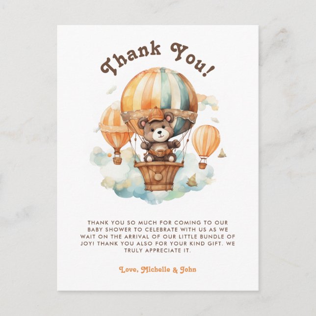 Niedlicher Rustikaler Bär mit Balloons Babydusche Postkarte (Vorderseite)