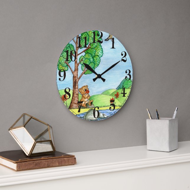 Niedlicher rustikaler Bär mit Blume Große Wanduhr (Büro)