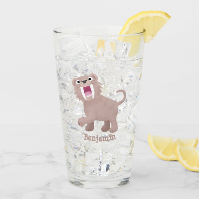 Niedlicher Säbeltoothy Tiger Smilodon Cartoon Glas (Rückseite Ice)