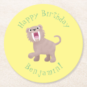 Niedlicher Säbeltoothy Tiger Smilodon Cartoon Runder Pappuntersetzer