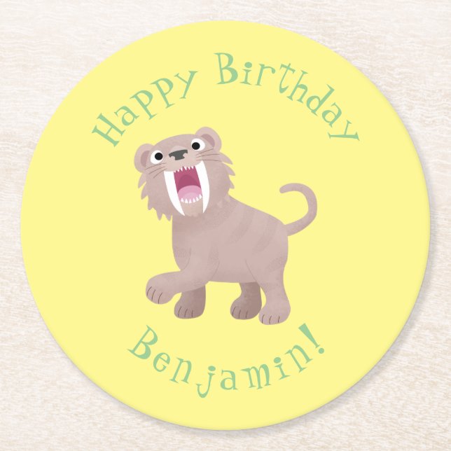Niedlicher Säbeltoothy Tiger Smilodon Cartoon Runder Pappuntersetzer (Vorderseite)