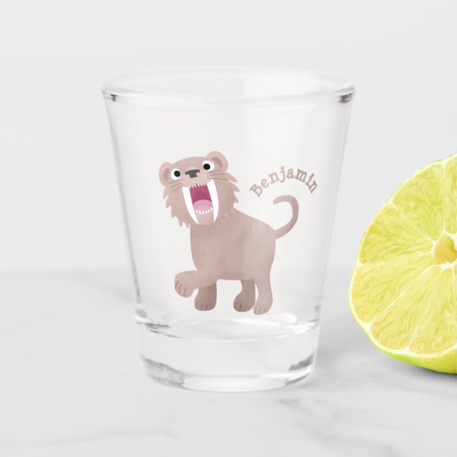 Niedlicher Säbeltoothy Tiger Smilodon Cartoon Schnapsglas (Vorderseite)