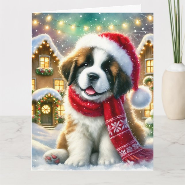 Niedlicher Saint Bernard Welpe im Weihnachtsdorf Karte (Vorderseite)