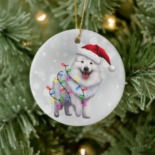 Niedlicher, samtiger Hund in Weihnachtsbeleuchtung Keramik Ornament