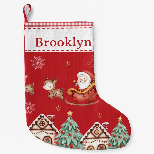 Niedlicher Santa Claus Sleigh Rentier Tree Gingerb Kleiner Weihnachtsstrumpf (Vorderseite)