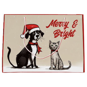 Niedlicher Santa Dog und Katze Frohe und helle Wei Große Geschenktüte