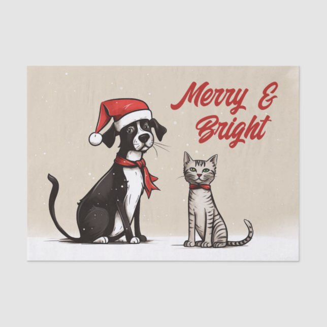 Niedlicher Santa Dog und Katze Frohe und helle Wei Seidenpapier (Vorderseite)