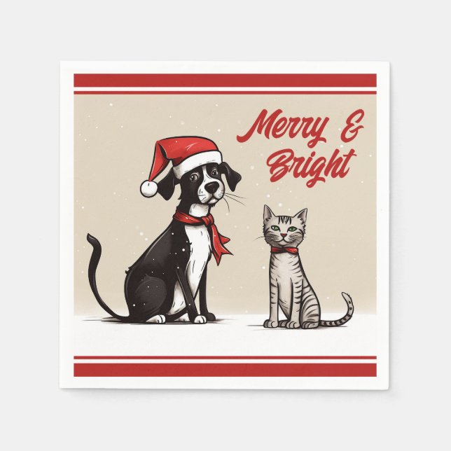 Niedlicher Santa Dog und Katze Frohe und helle Wei Serviette (Vorderseite)