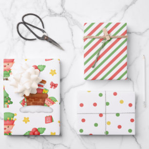 Niedlicher Santa Elf Streifen Winter Berry Weihnac Geschenkpapier Set