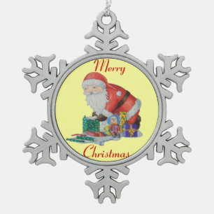 Niedlicher Santa lächelnd mit grünem Sack für Weih Schneeflocken Zinn-Ornament