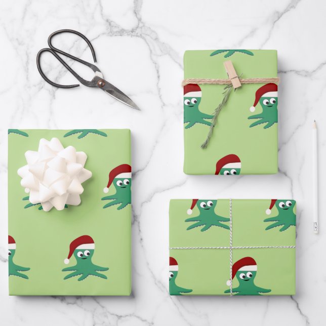 Niedlicher Santa Octopus Geschenkpapier Set (Vorderseite)